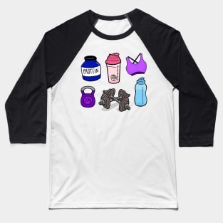 Gym Essentials Protein, Shaker, Bra, Kettlebell, Dumbbell, Water bottle Baseball T-Shirt